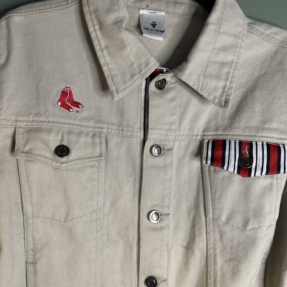 Boston Red Sox Women’s Trucker Jacket Sz L Embroidered Logo Button Down Beige - Picture 5 of 7